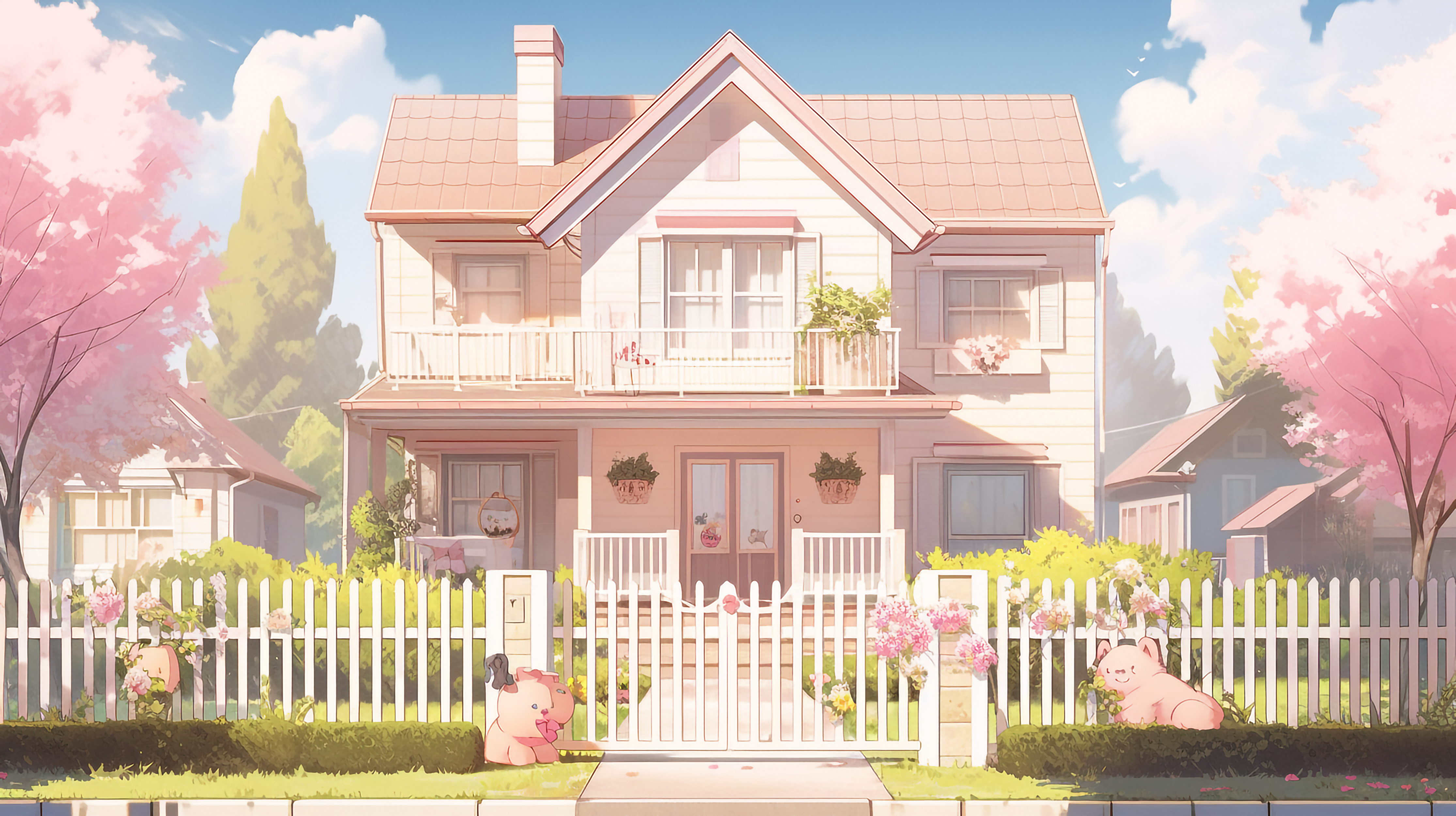 花园栅栏粉色房屋卡通房子背景图片
