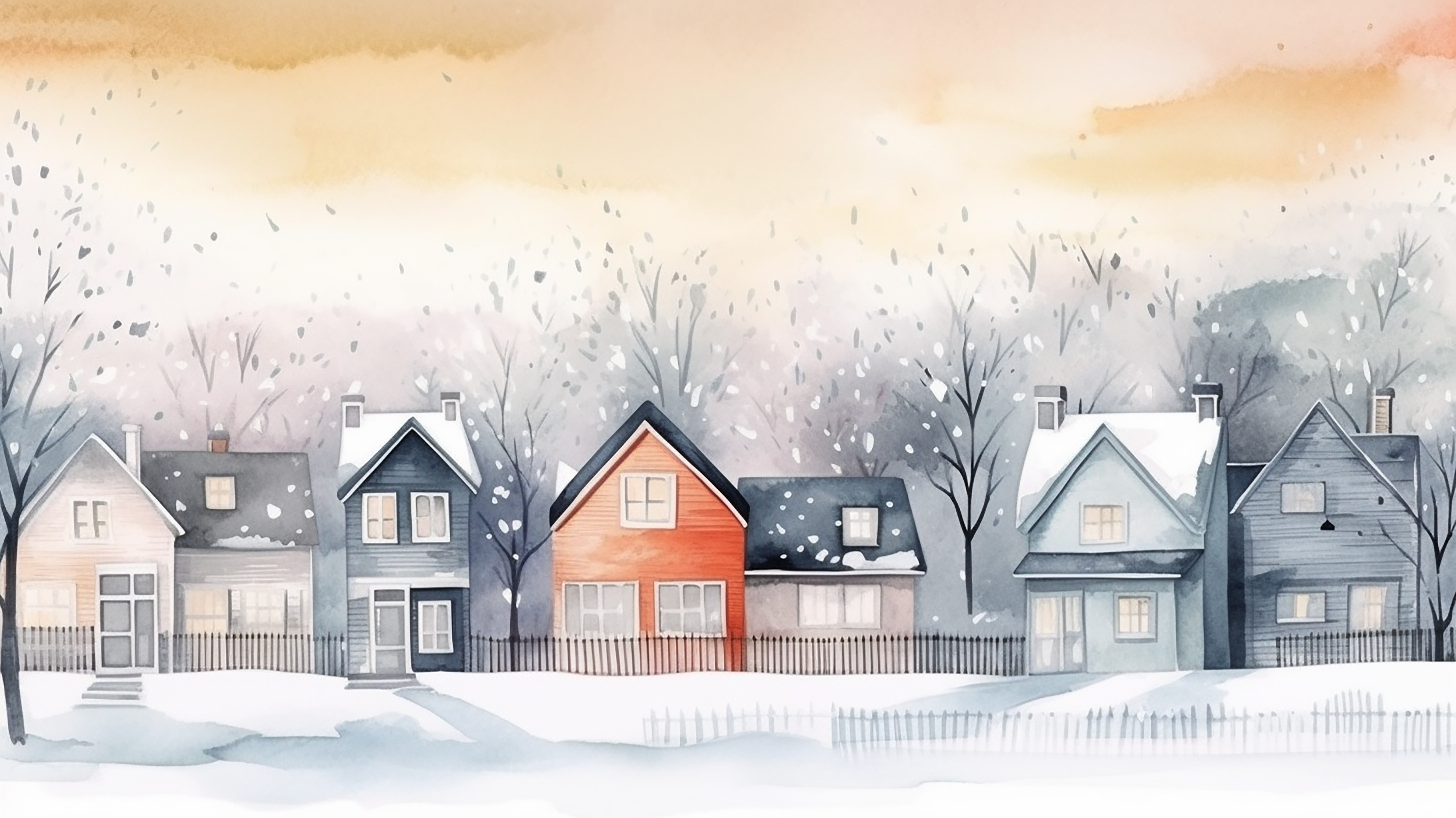 冬天卡通水彩雪景图片