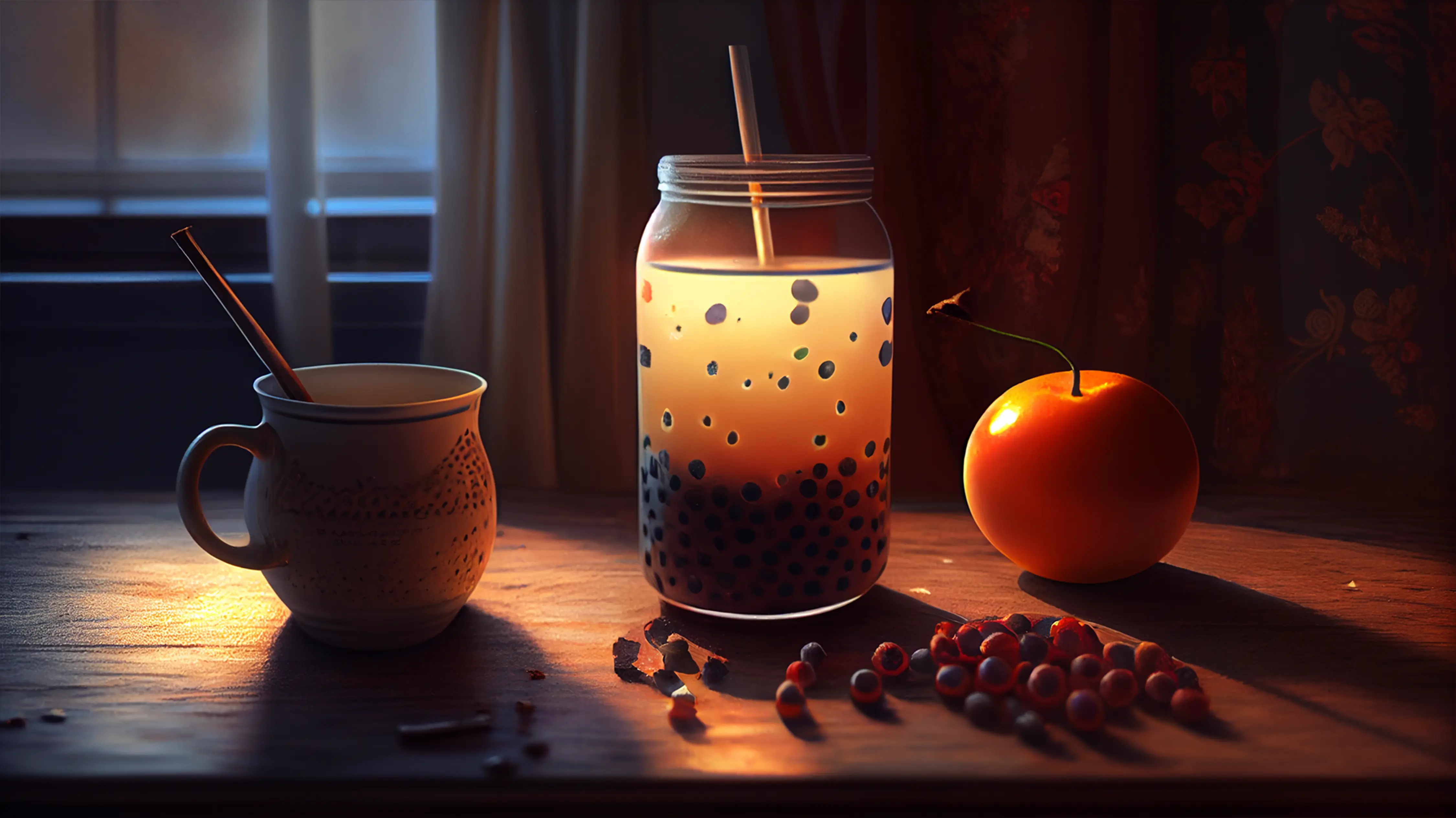 奶茶水果夕阳光背景图片