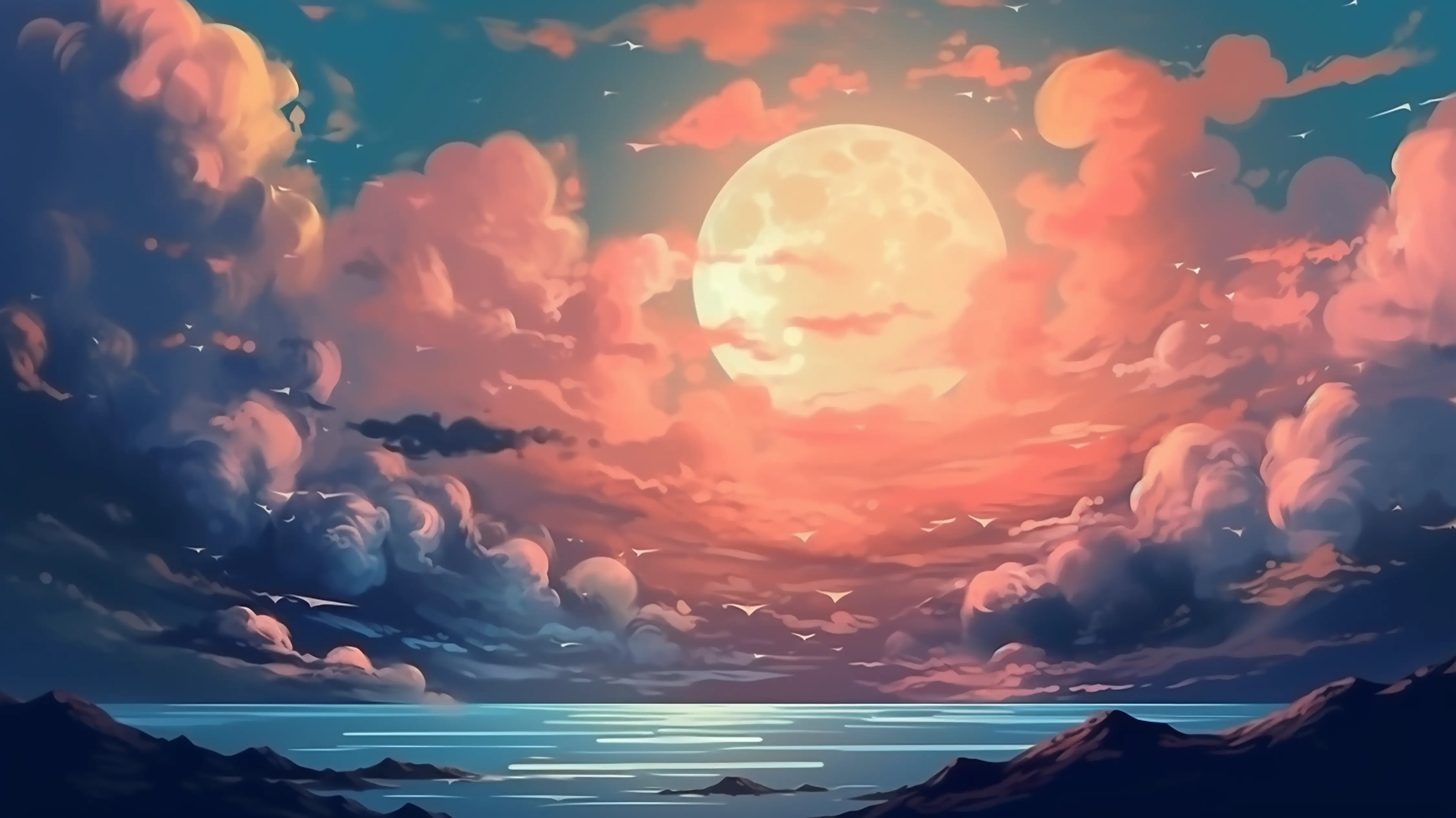 月亮山峰大海红云太阳开心图片