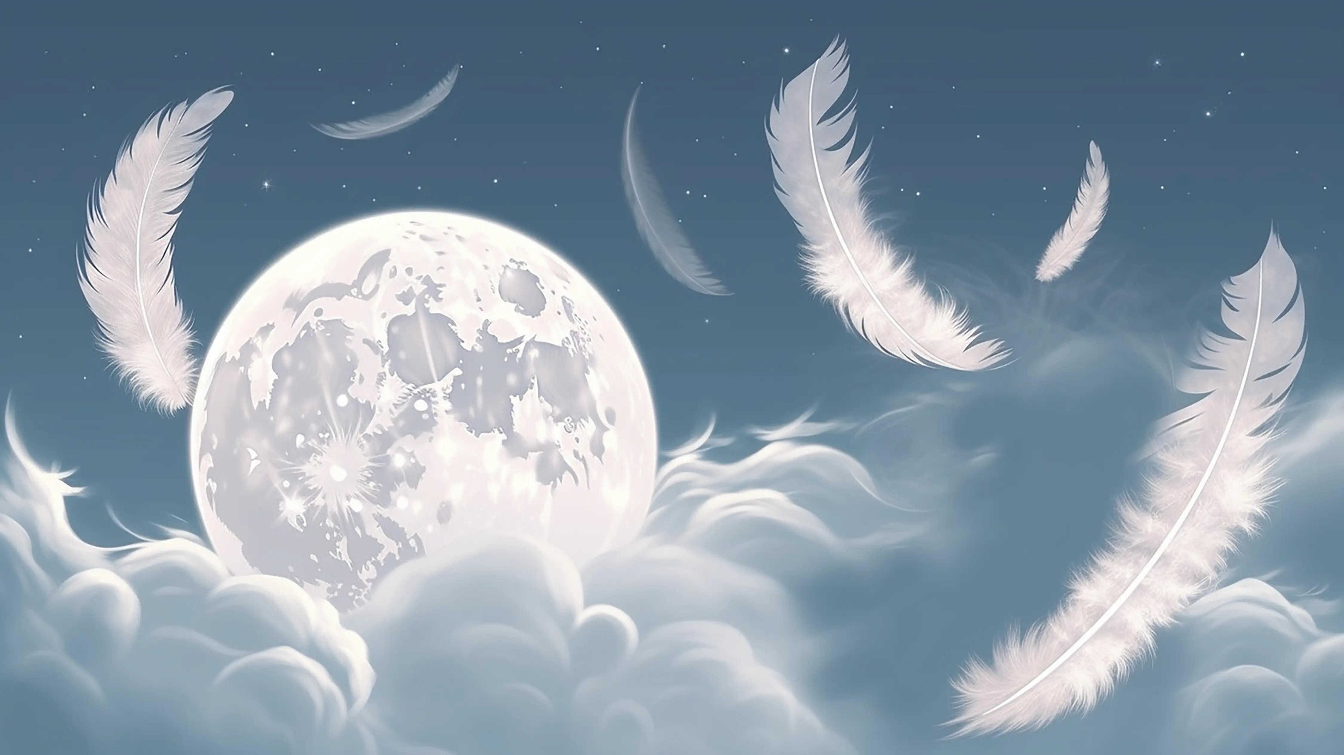 月亮云层蓝色飘逸羽毛可爱图片