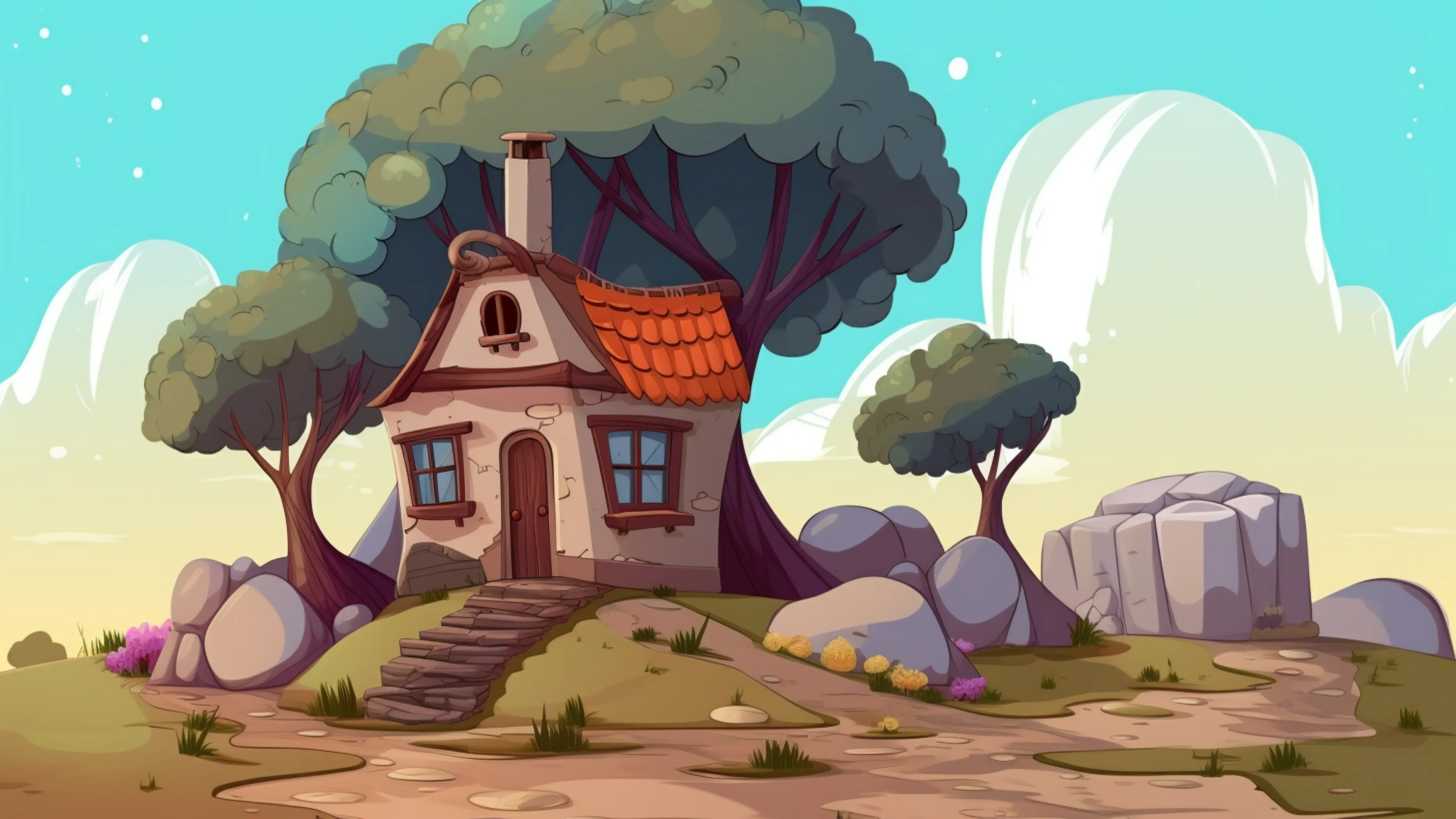 卡通房子蓝色天空大树的背景图片