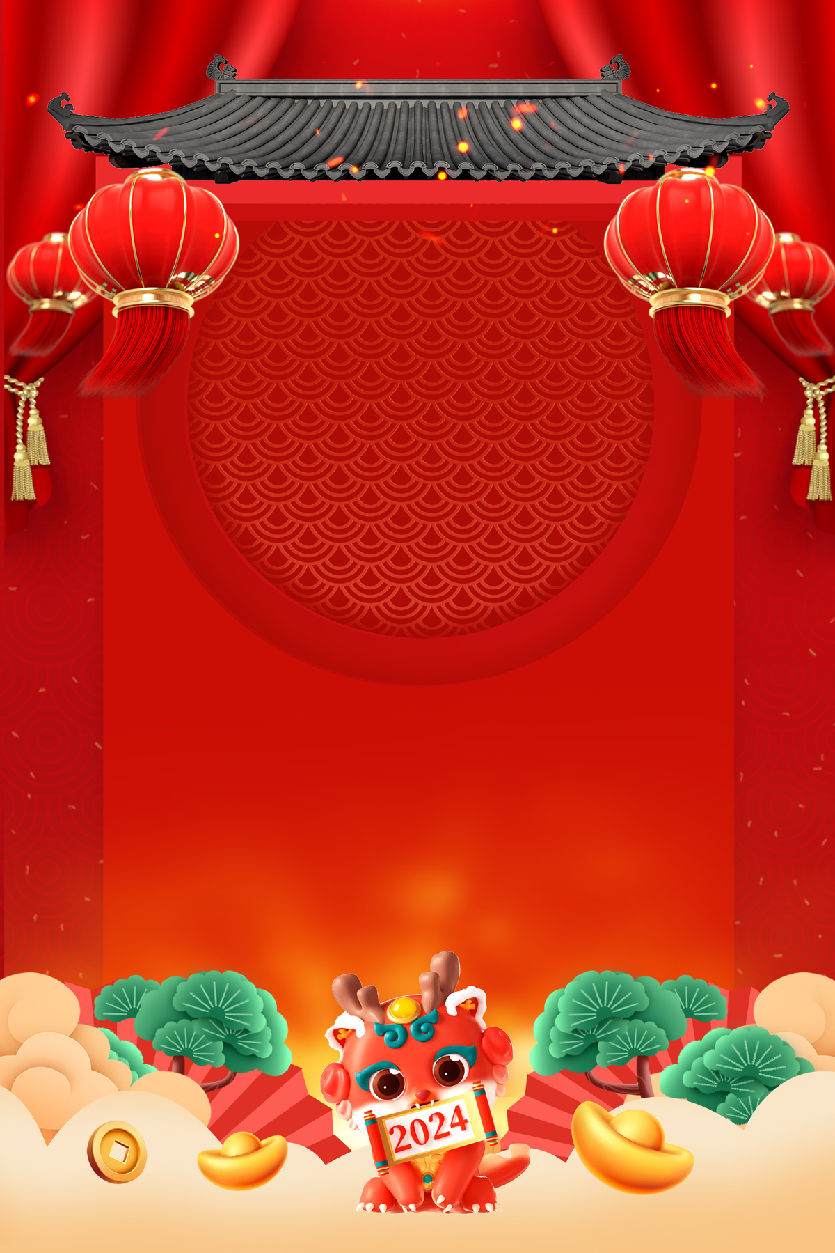 龙年春节放假通知龙年红色喜庆创意海报图片