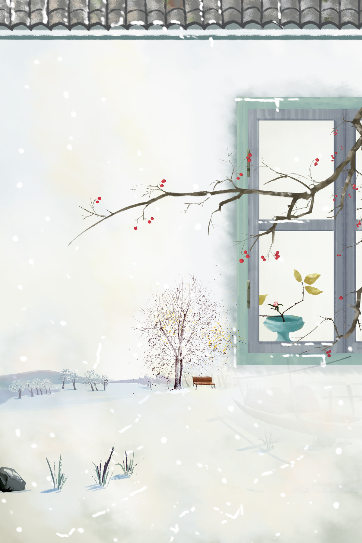 冬天背景大雪节气海报屋檐绿色中国风手绘图片