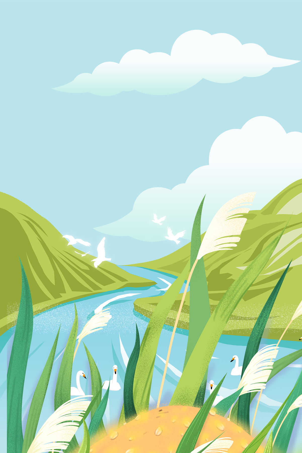  清爽世界湿地日草地湖面动物绿色插画风图片