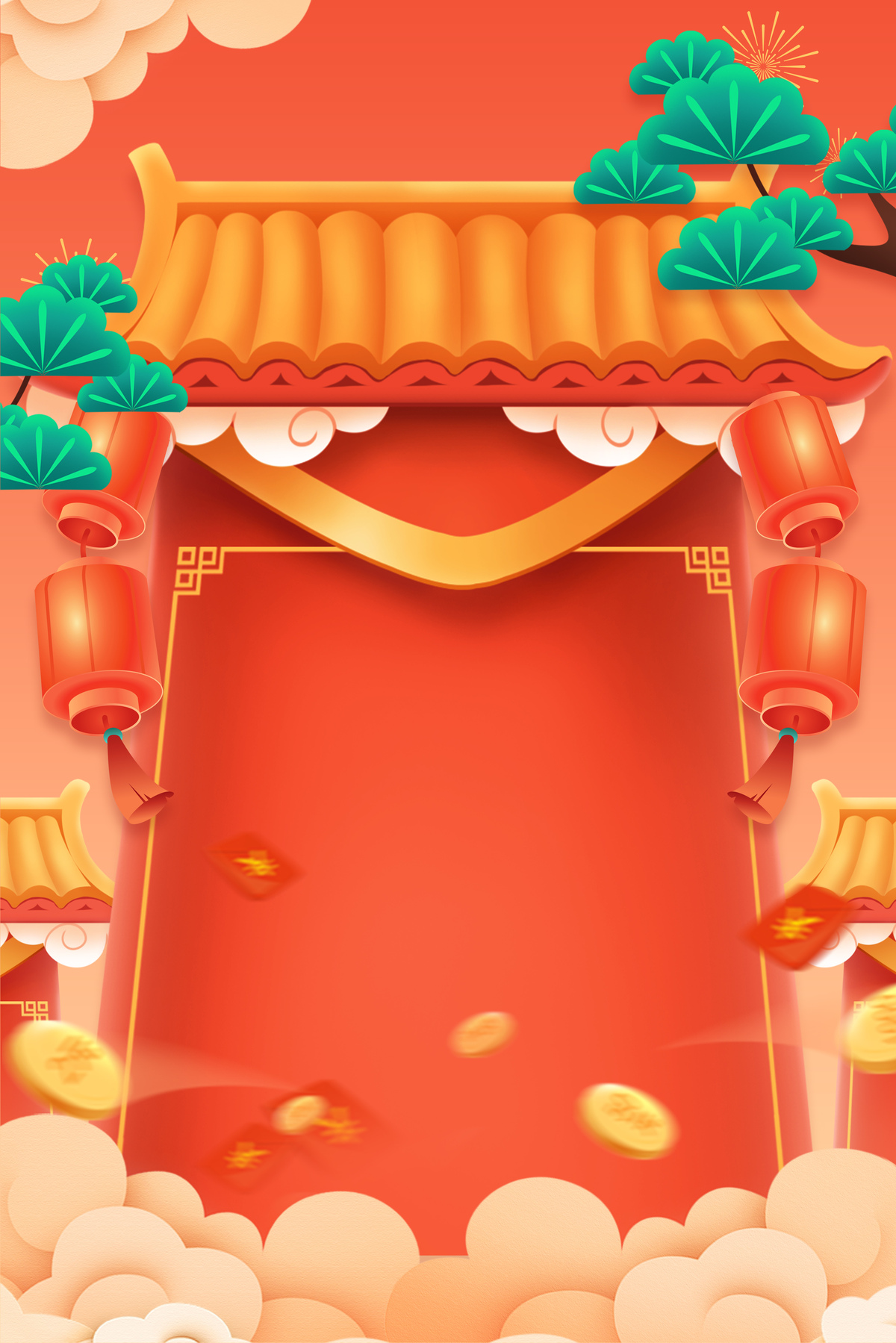 红色喜庆春节龙年门楼灯笼年货节背景图片