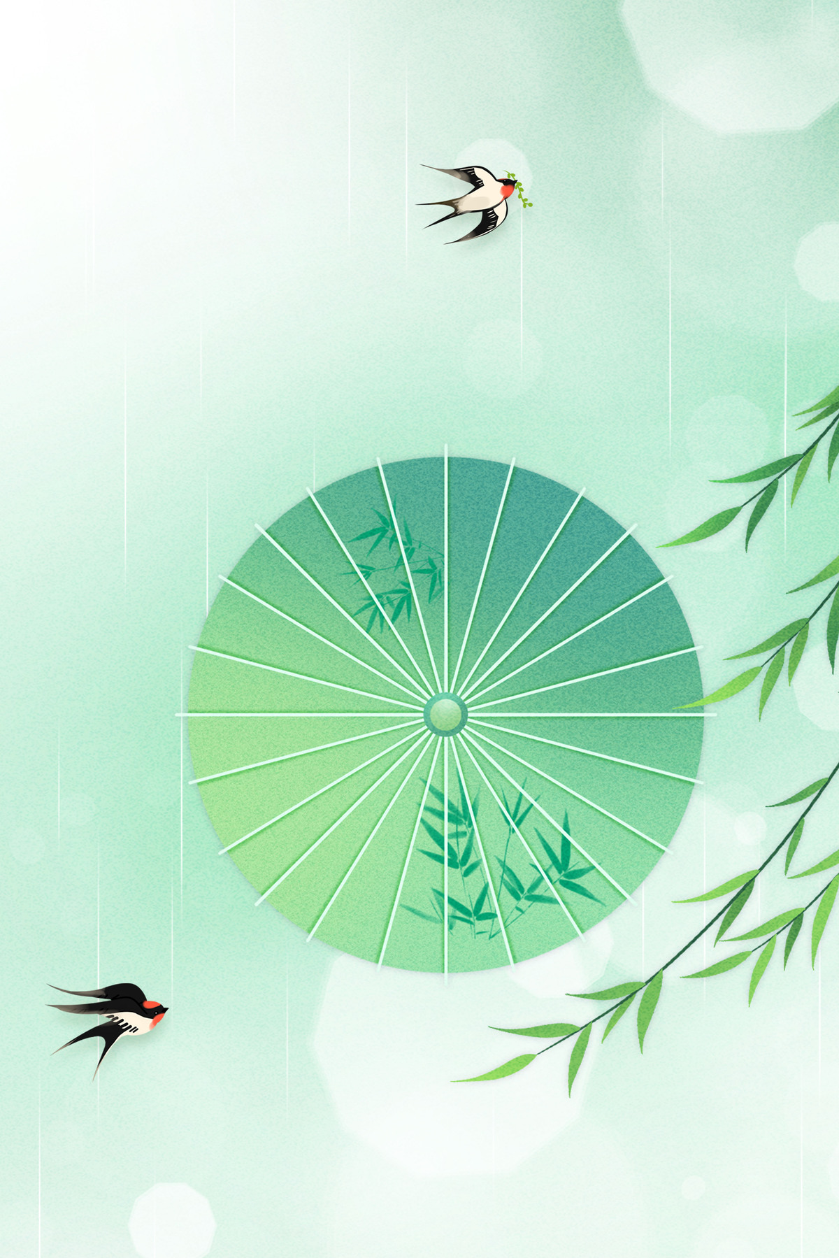 绿色小清新雨伞柳枝燕子春季春天背景图片