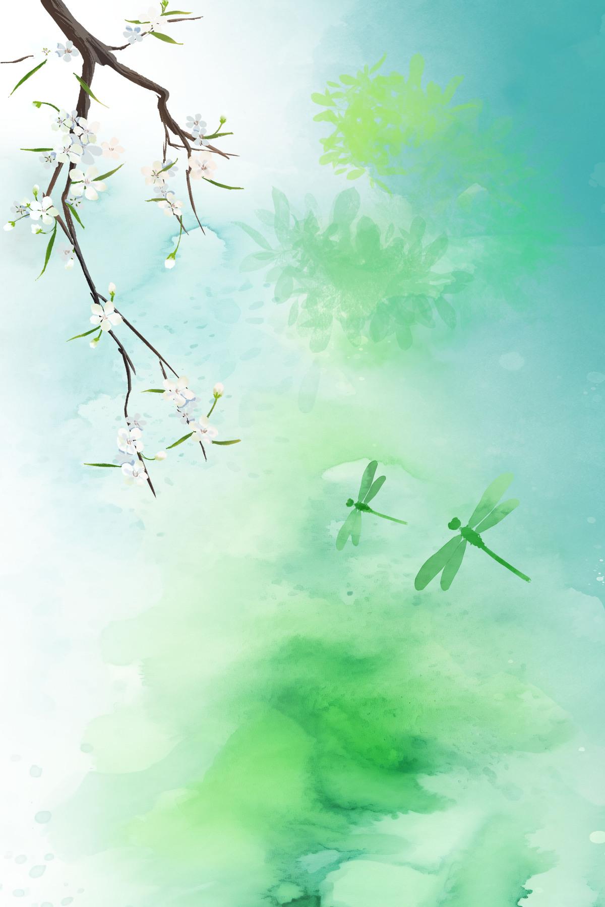 绿色谷雨雨水蜻蜓花枝春季春天水彩背景图片