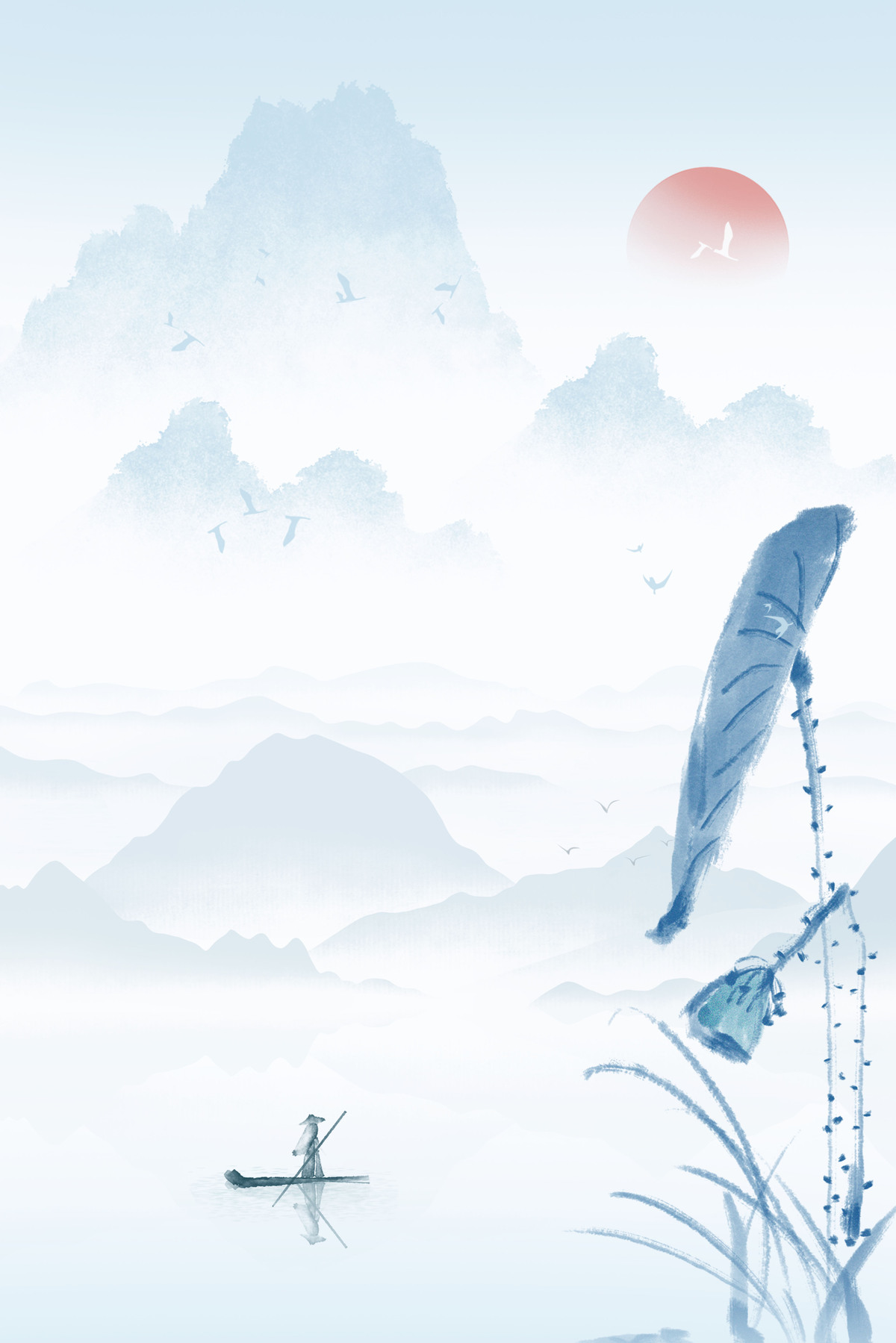 水墨中国风荷花山水小船蓝色背景图片