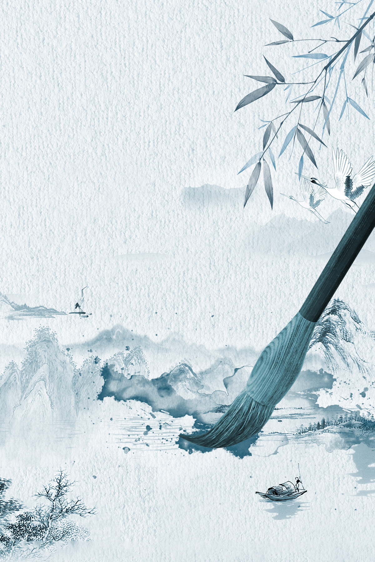 蓝色水墨中国风毛笔教育培训树叶背景图片