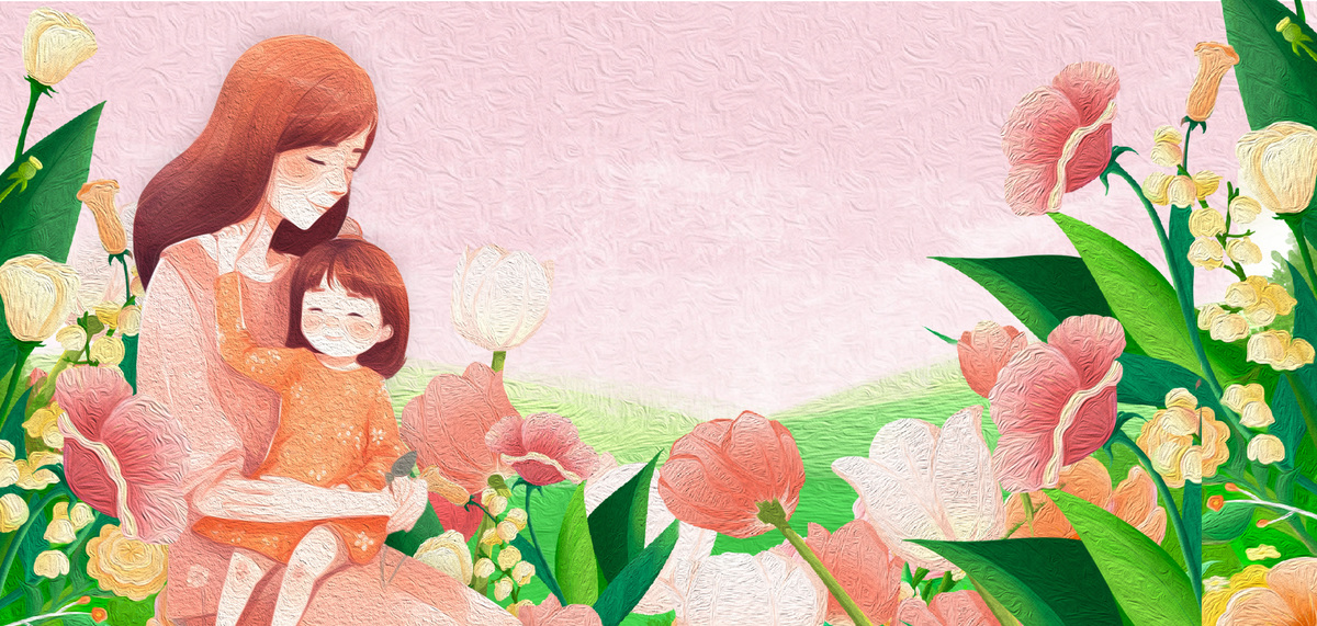 粉色花朵植物感恩母亲节母女油画风格背景图片