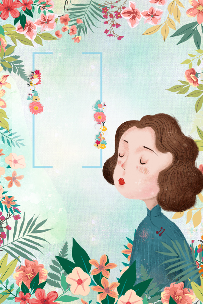 绿色手绘母亲节花卉人物图形边框背景图片