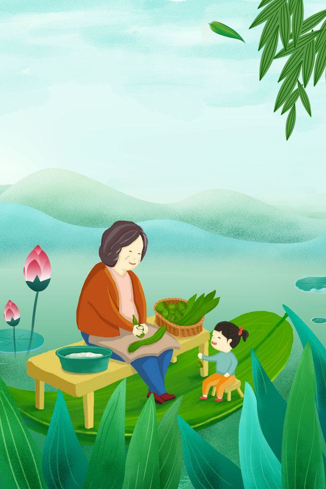 端午节插画陪奶奶包粽子人物绿枝背景图片