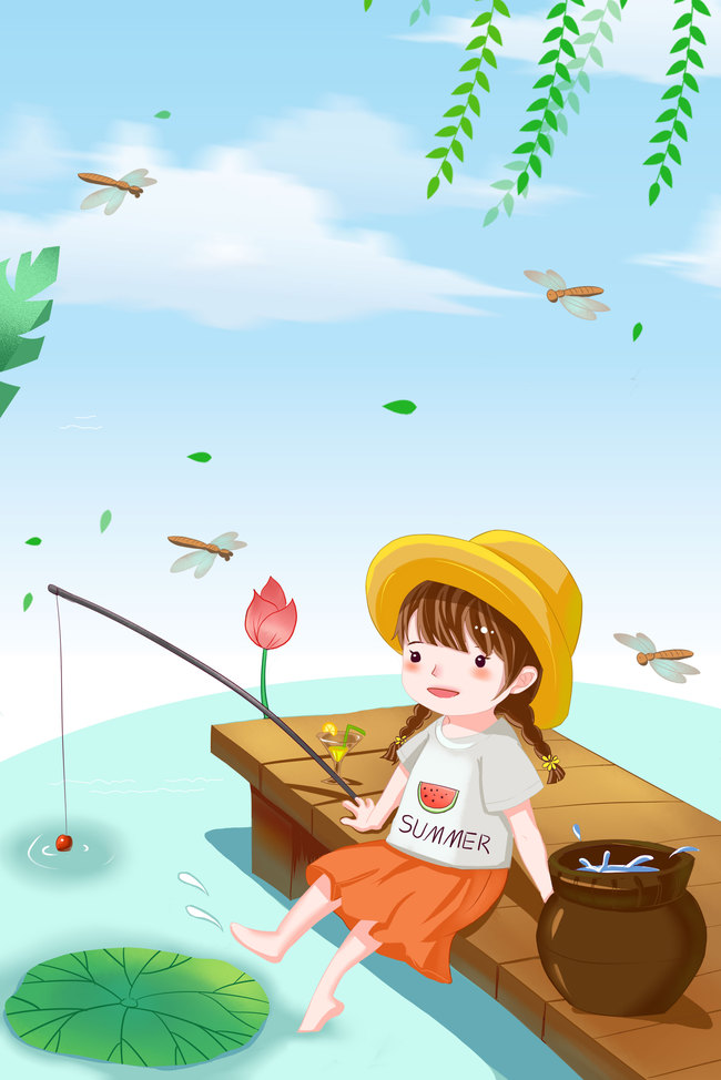 可爱女孩荷塘钓鱼小暑广告海报图片