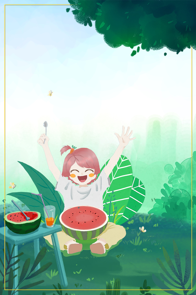 夏季吃西瓜手绘女孩开心小暑绿色广告背景图片
