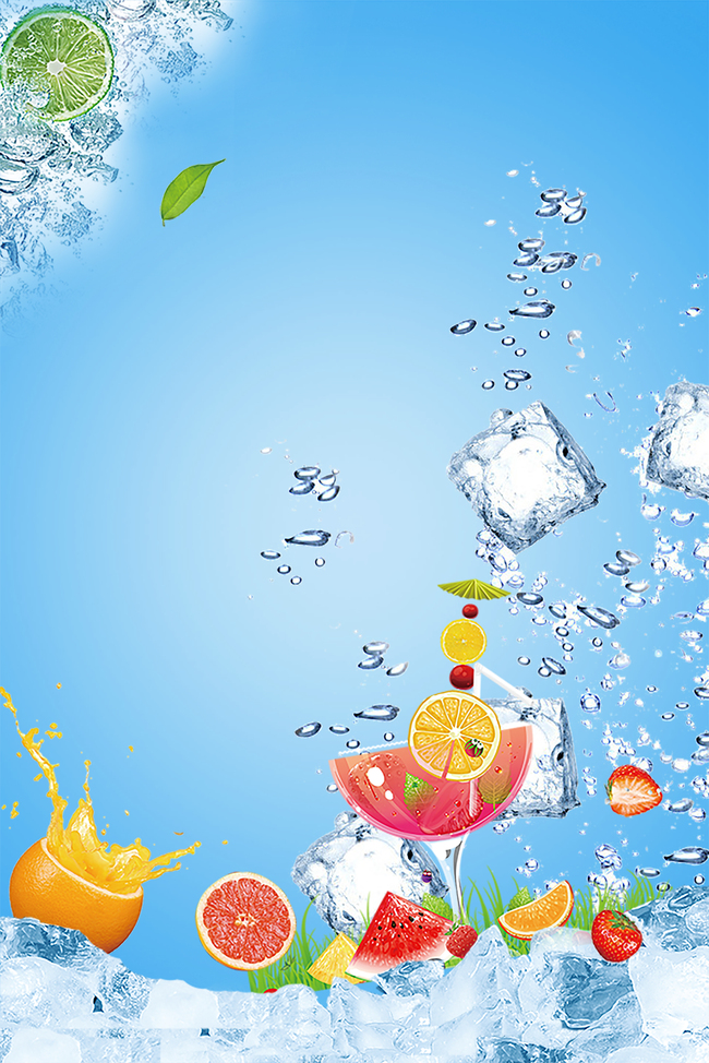 夏日冰镇水果果汁冰爽蓝色广告背景图片