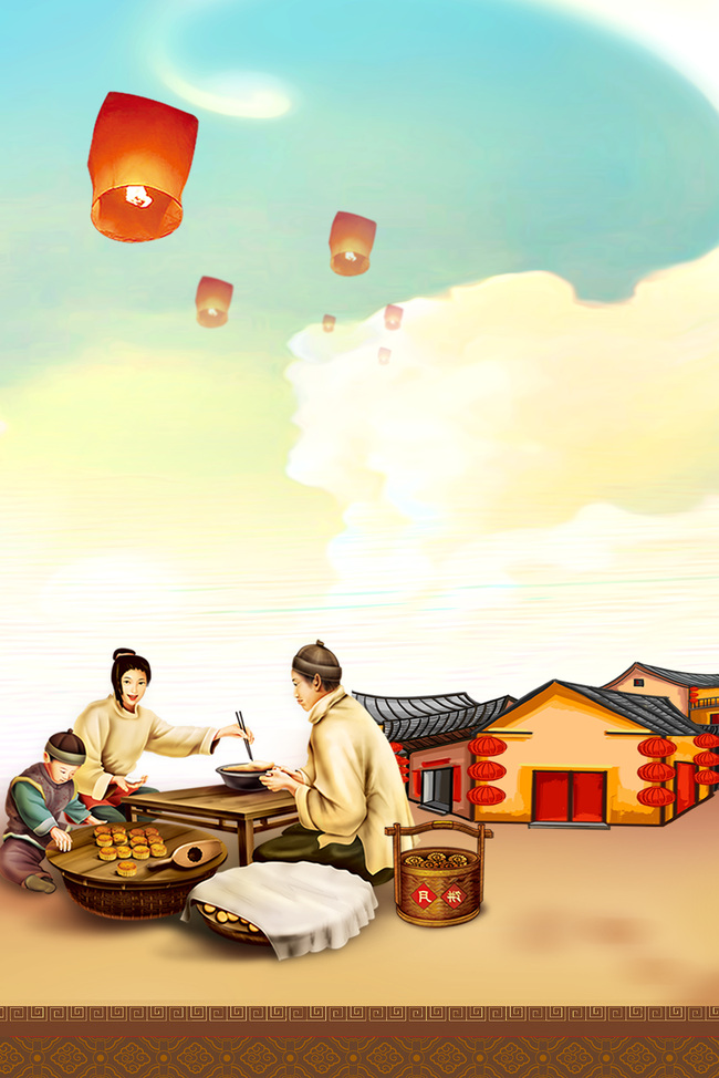 手绘中国风中秋味道人物房子背景图片