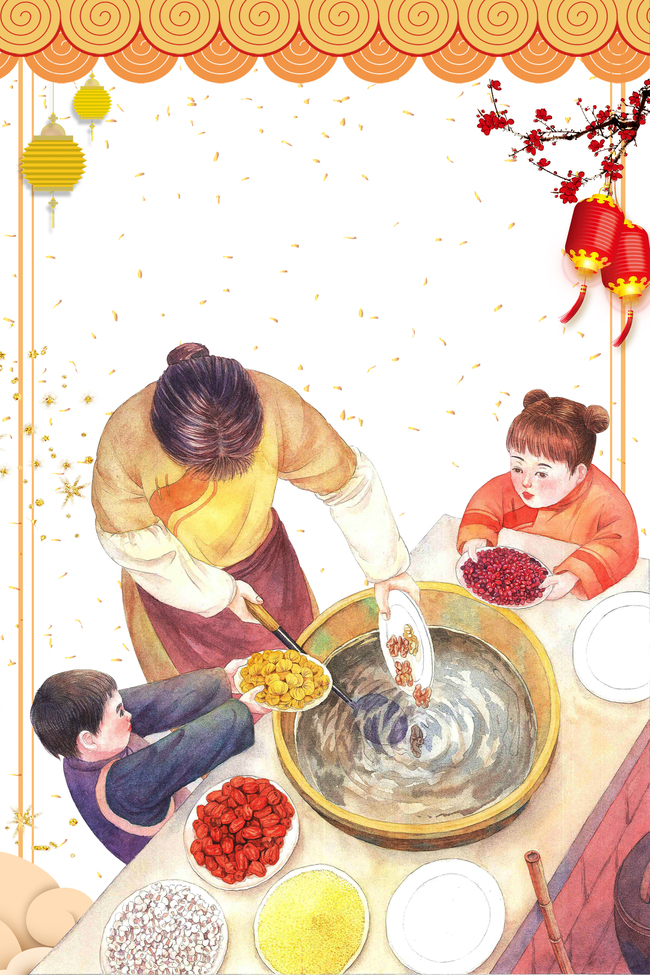 手绘中国风冬季腊八节奶奶煮粥温馨背景图片