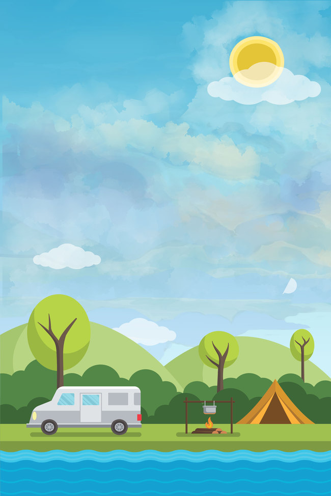 扁平卡通户外野营绿色风景背景海报图片