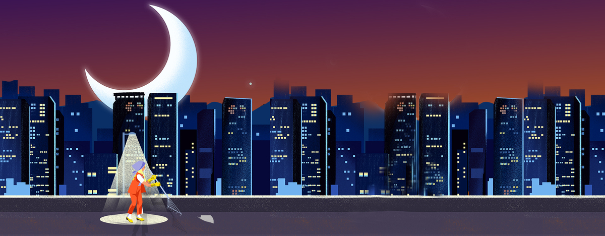 卡通夜幕下城市环卫风景海报图片