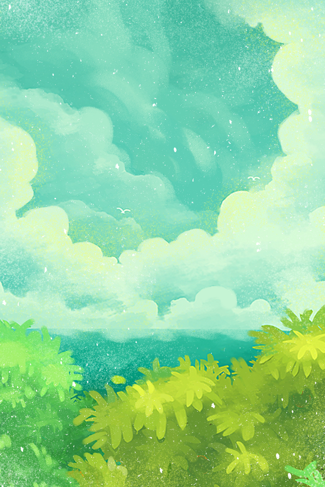 手绘卡通绿色丛林天空背景图片