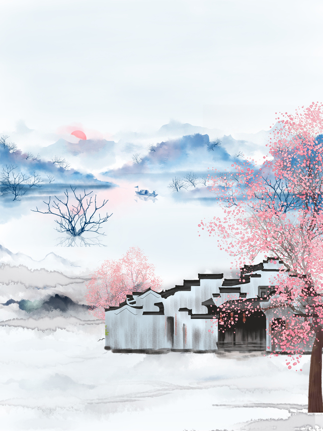 水墨山水桃花园中国风背景图片