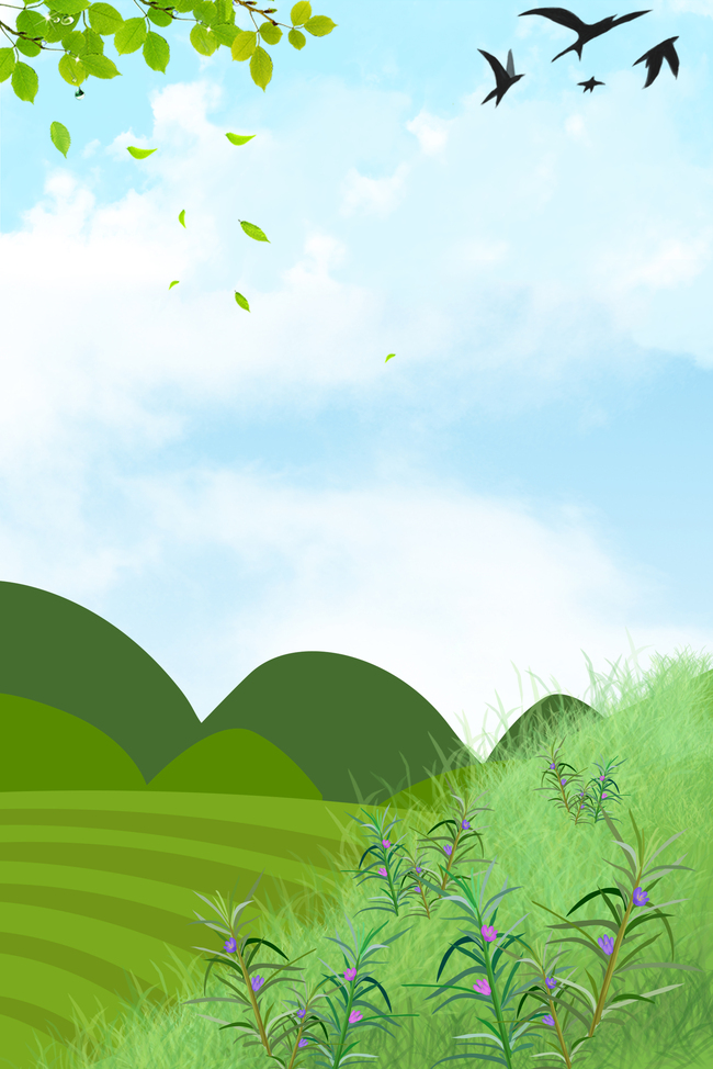 手绘卡通绿色风景春天时节背景图片