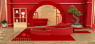 电商室内海报模板_C4D创意电商室内大红场景