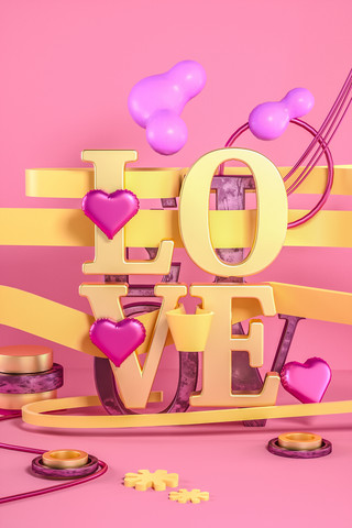 粉色彩带背景海报模板_C4D立体LOVE情人节甜蜜电商促销背景