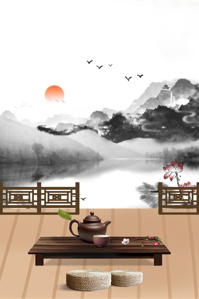 古风清新山水红日飞鸟荷花围栏春茶节背景图图片