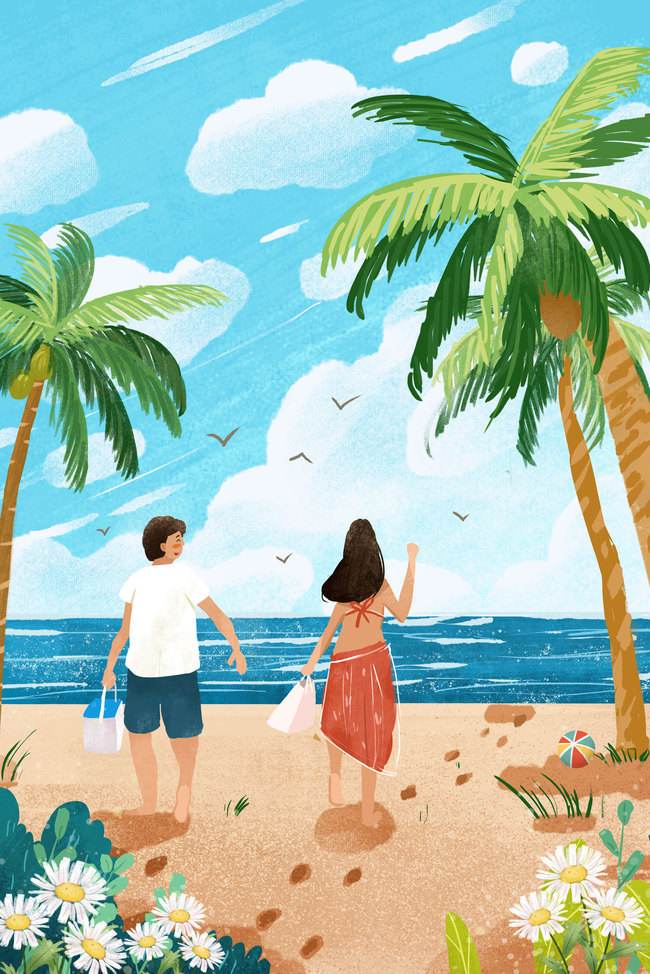手绘卡通情侣在沙滩上玩耍背景图片