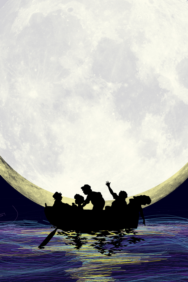 月光下在海面划船的旅人图片