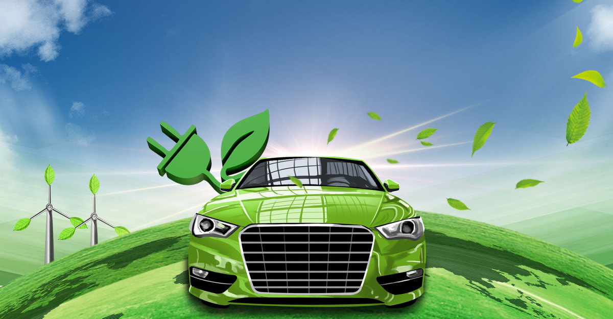创意新能源绿色环保汽车背景合成图片