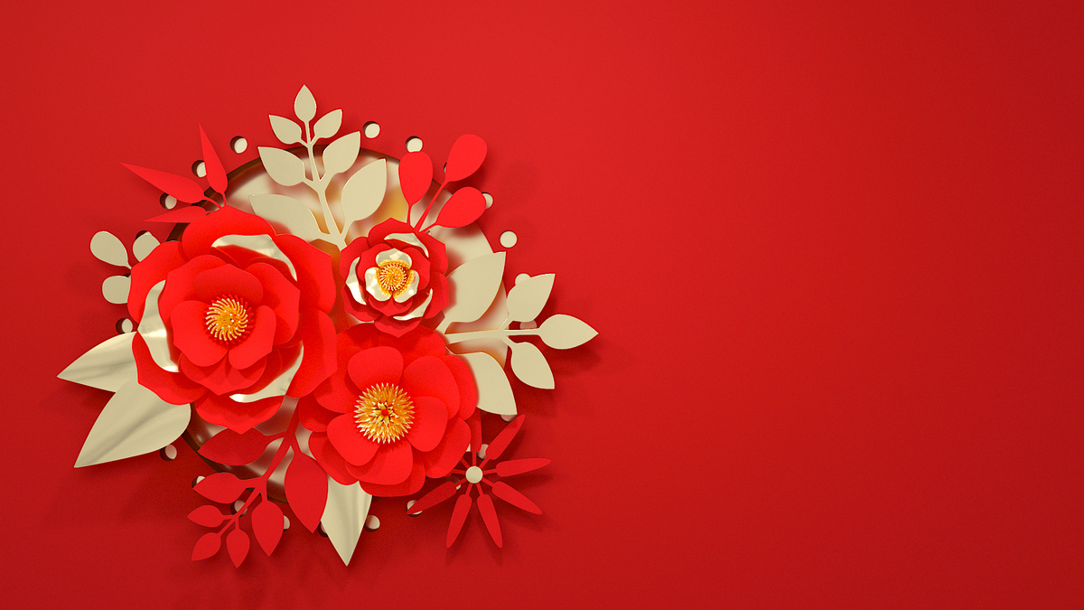 C4D红色喜庆剪纸花朵年货节背景图片