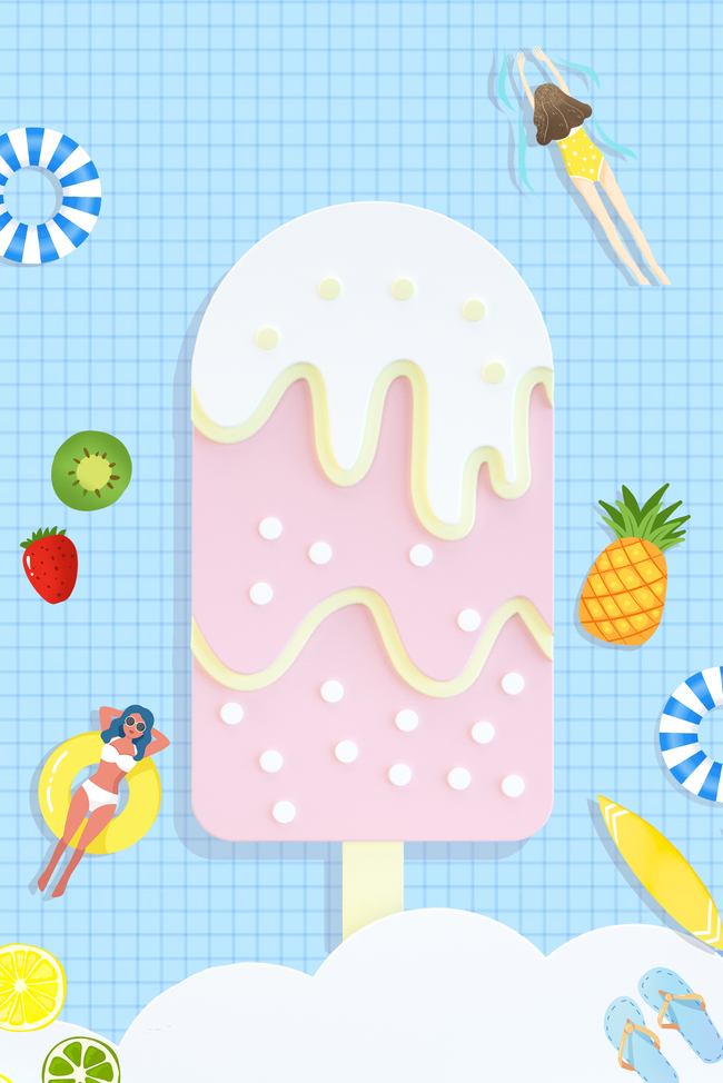 清新蓝色格子冰淇淋夏天宣传背景图片