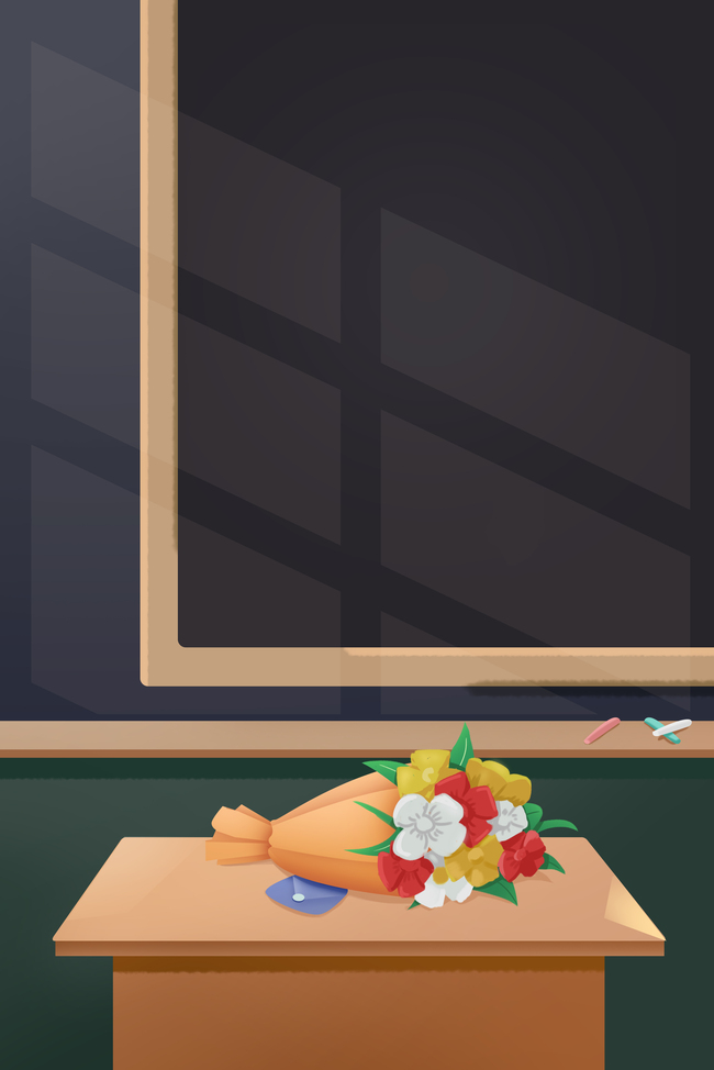 教师节阳光洒下的教室黑板鲜花课桌讲台背景图片