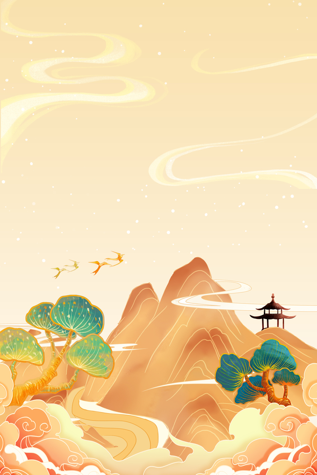 黄色中国风祥云山水背景图片