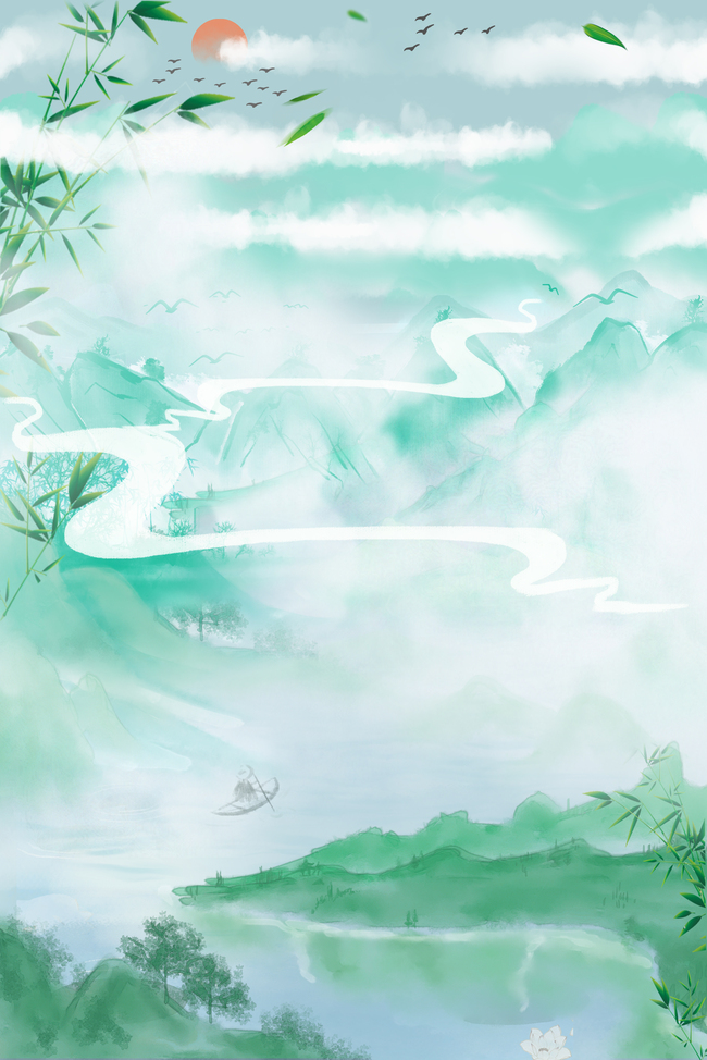 古风山水绿色中国风云雾缭绕山中景致图片
