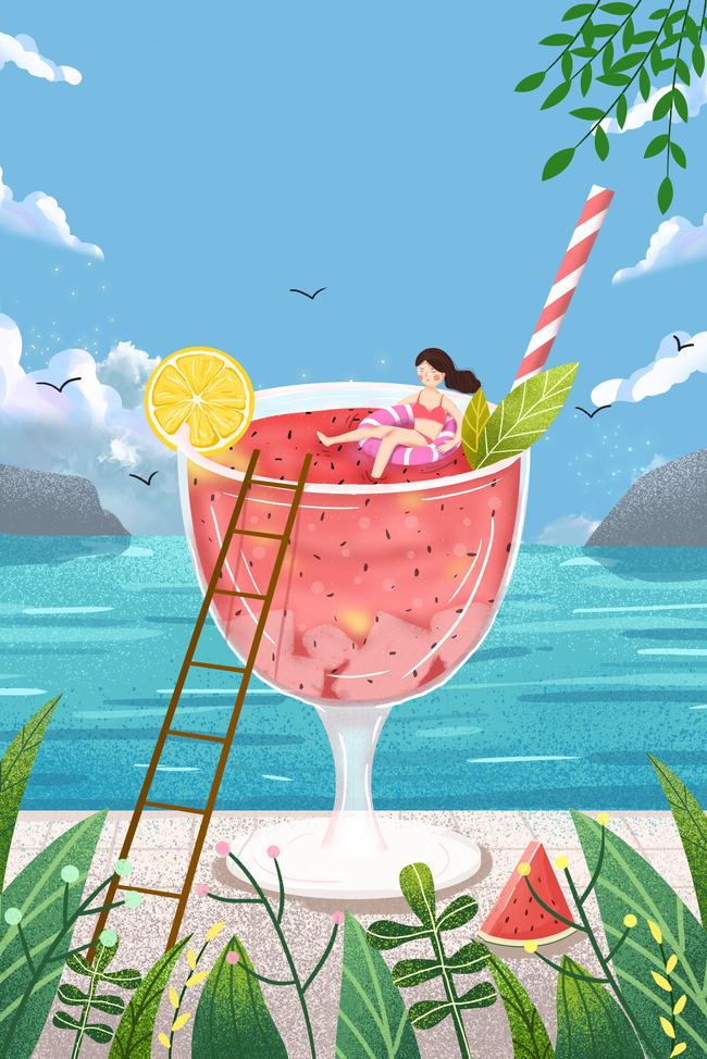 夏天饮品绿色小清新夏季海报背景图片