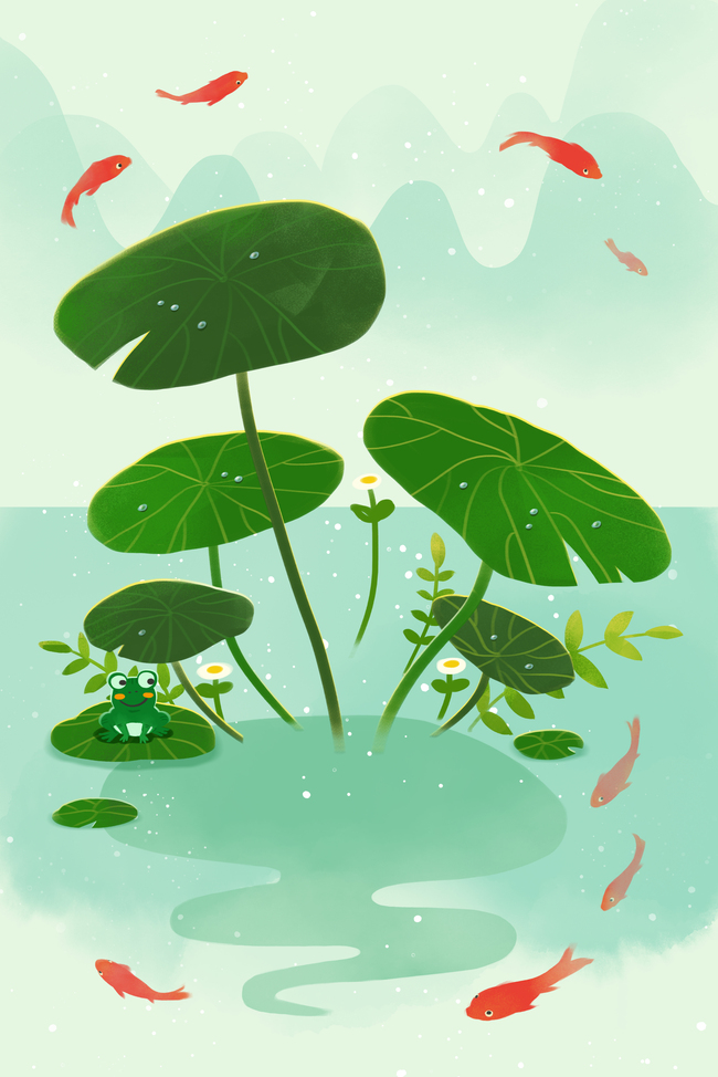 夏日立夏清凉池塘鱼群荷叶青蛙广告背景图片