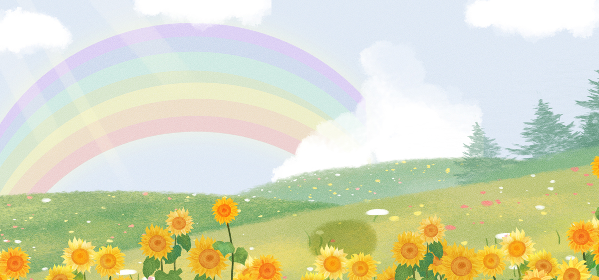 夏季卡通草地花丛白云彩虹背景图片