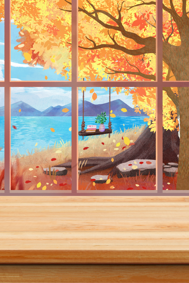 立秋落叶秋天美景窗户图片