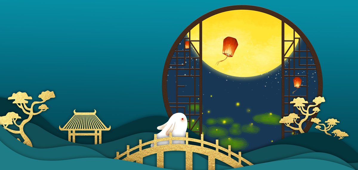 中秋节玉兔观月绿色背景图片