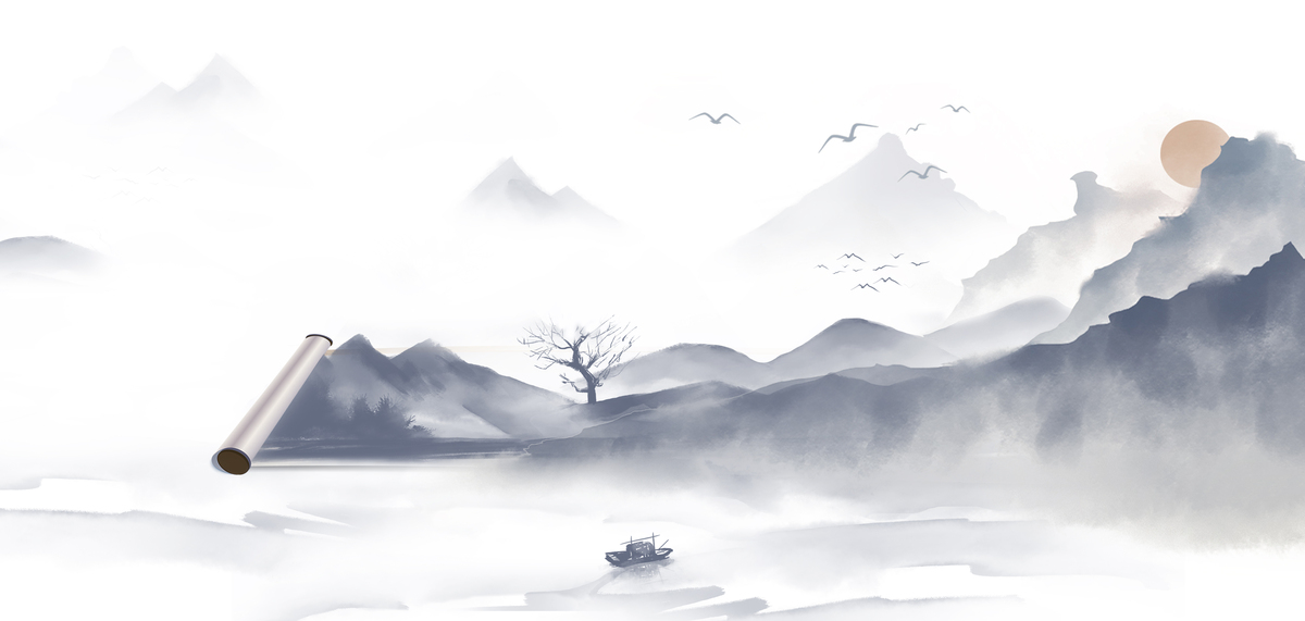 卷轴水墨山水灰系中国风山水画卷图片