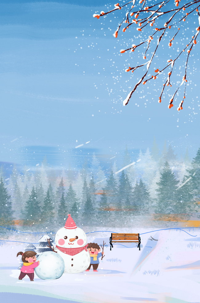 冬天雪地雪人冷色卡通背景图片