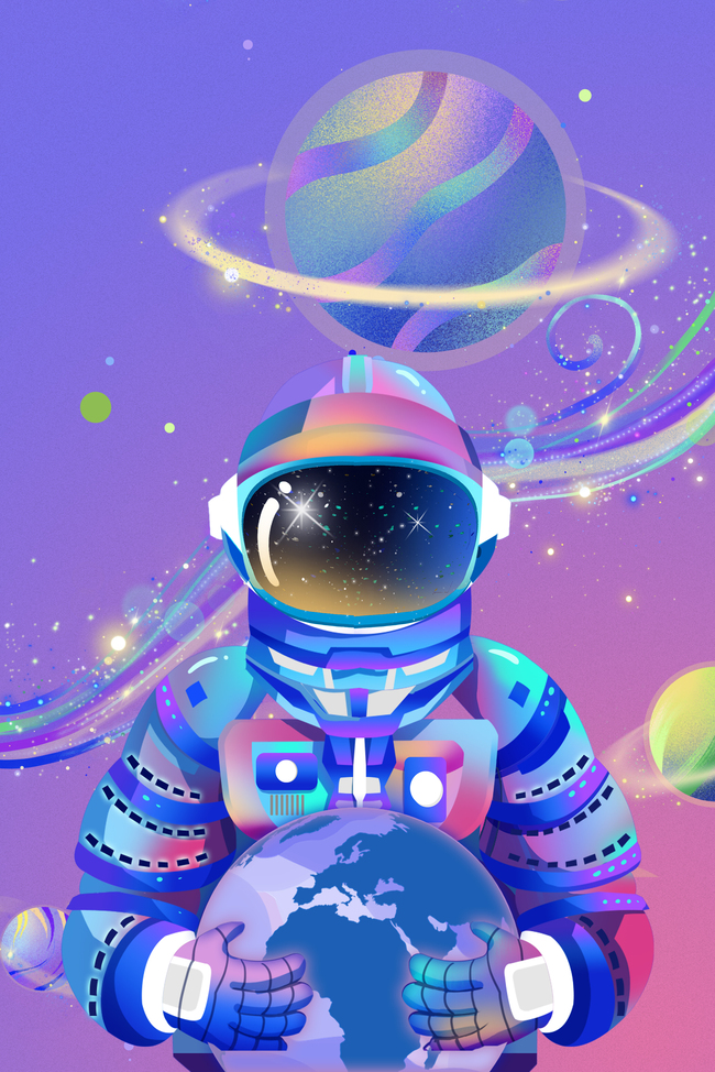 神舟十三号宇航员地球紫色蓝色手绘卡通图片