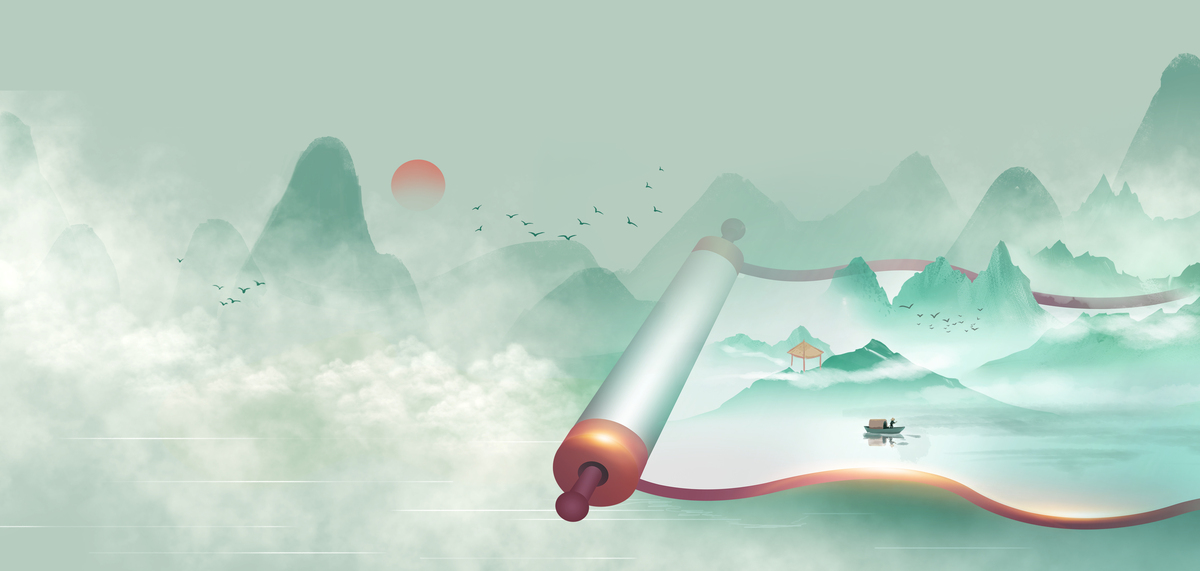 卷轴水墨山水绿色中国风卷轴谷雨海报背景图片