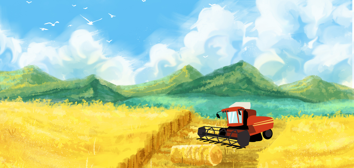 乡村振兴麦子收割机手绘背景图片