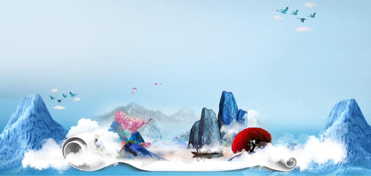 卷轴山水蓝色中国风 宣传展板图片