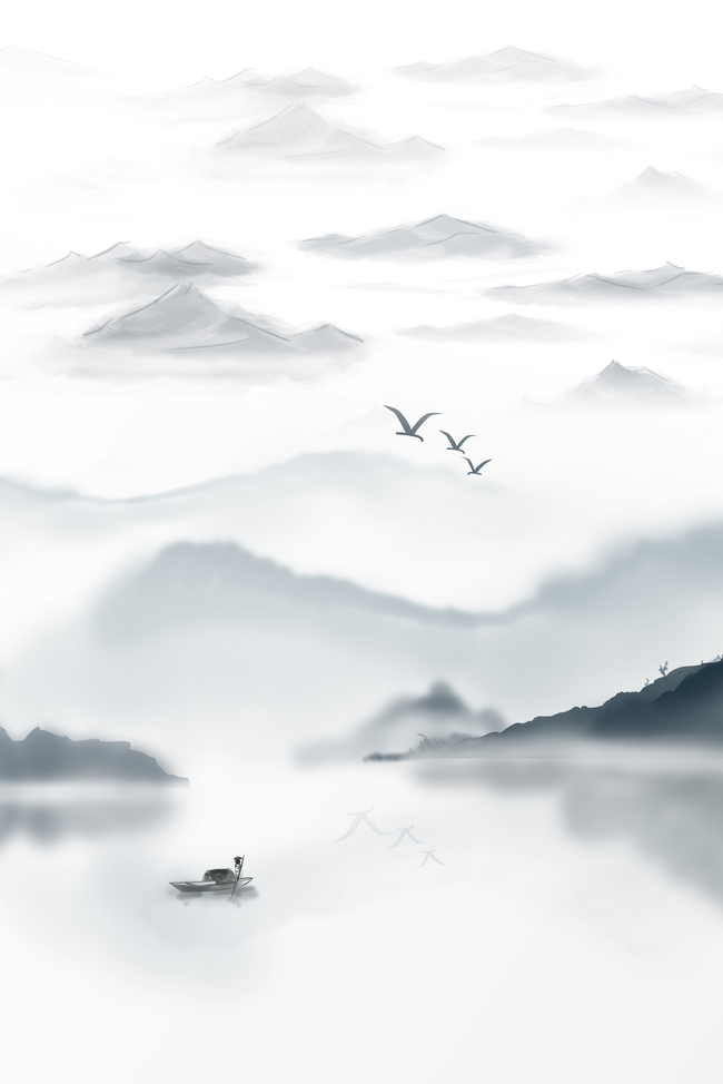 中国风山水渔船水墨复古山水画海报背景图片